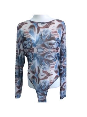 SHEIN Curve Long Sleeve Marble Print Mesh Body Suit Three Button Clip 2XL